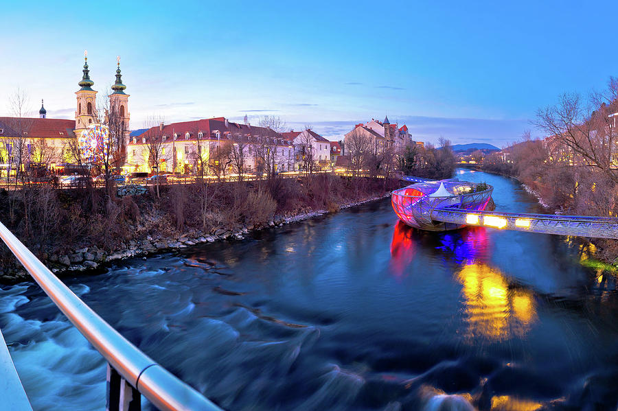 City of Graz Mur river and island evening view #5 Photograph by Brch Photography