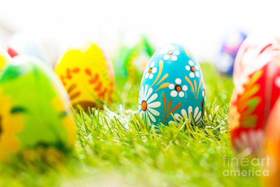 Colorful Hand Painted Easter Eggs In Grass Photograph