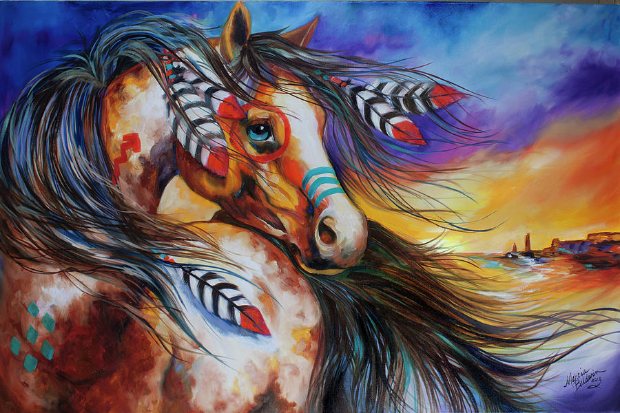 5 Feathers Indian War Horse Painting