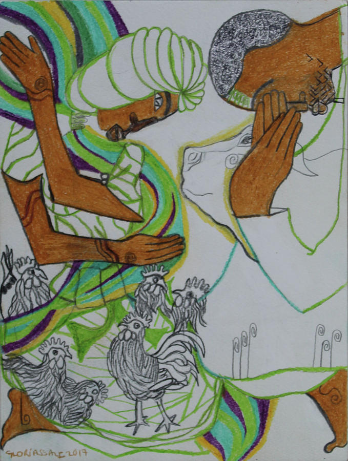 Kintu and Nambi - Folktale #5 Painting by Gloria Ssali