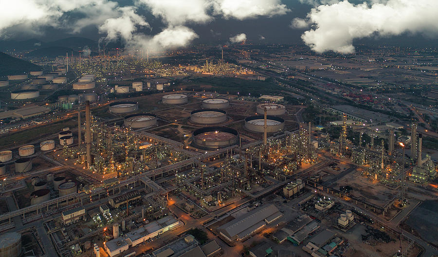 Land scape of Oil refinery plant from bird eye view on night #5 Photograph by Anek Suwannaphoom