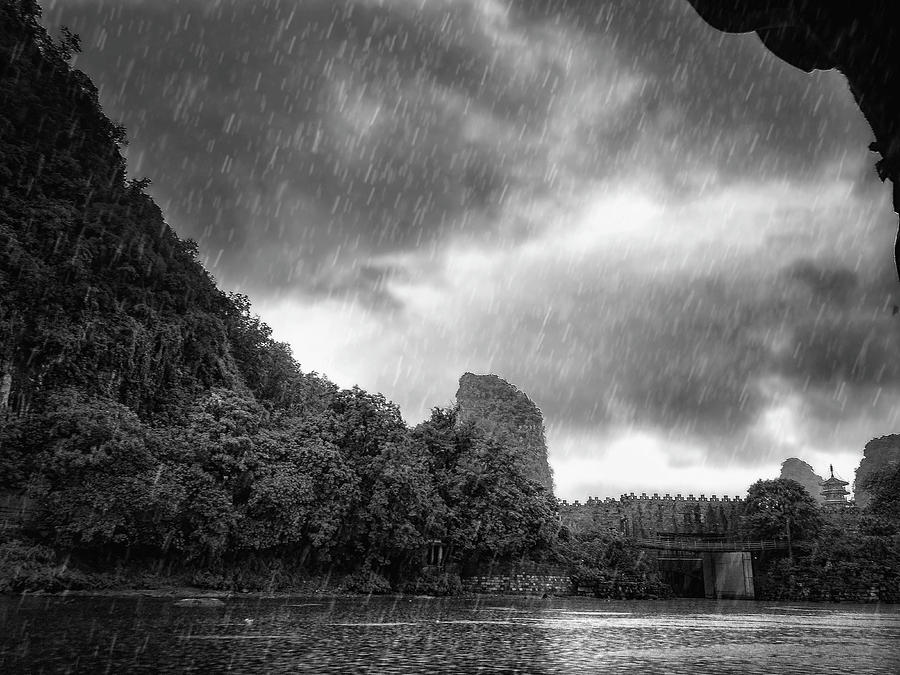 Lijiang River boat tour in the rain-ArtToPan-China Guilin scenery-Black and white photograph #5 Photograph by Artto Pan