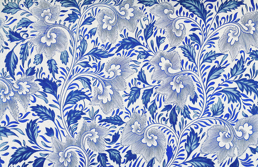 Vintage Oriental Boho Style Illustration Of Blue Flowers Pattern Wall ...