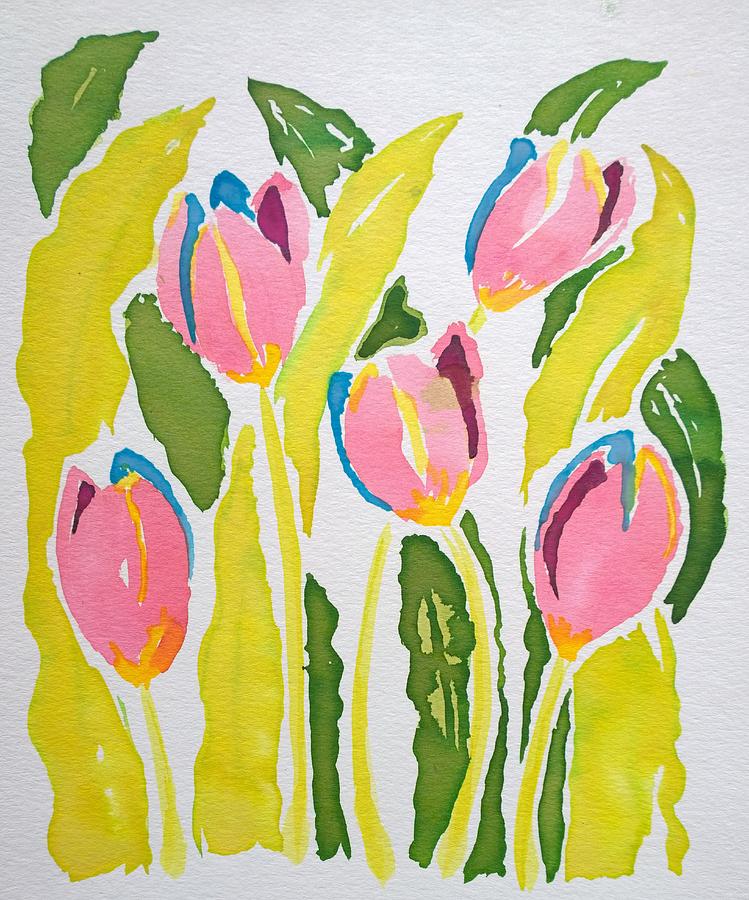 5 Pink Tulips Watercolor  Painting by Delynn Addams