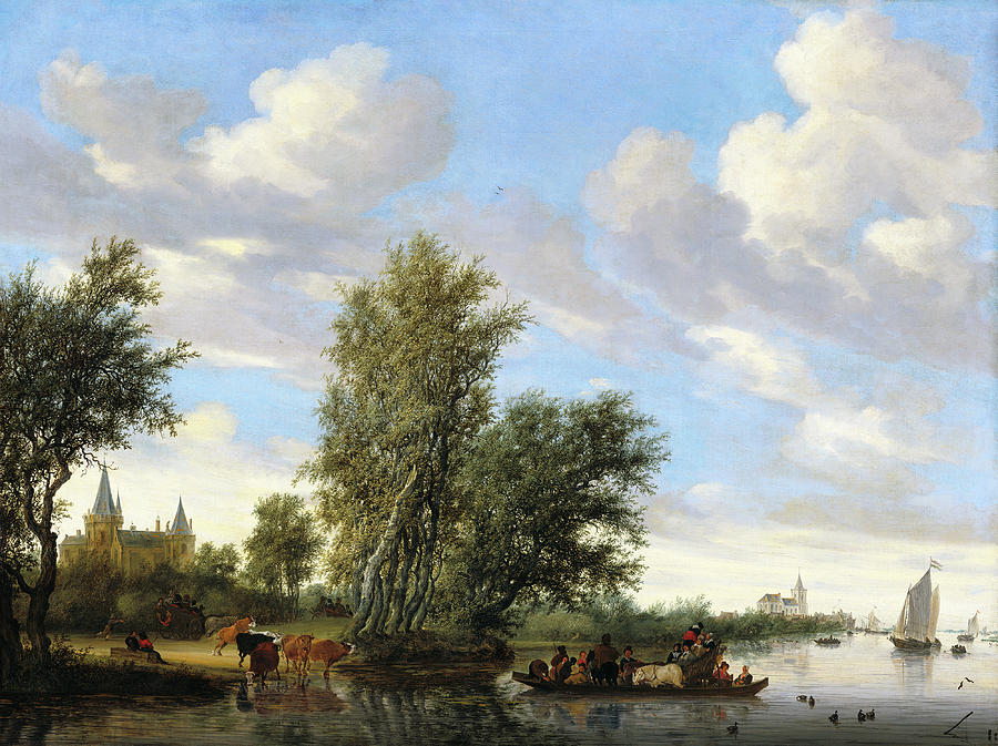 River Landscape with Ferry #5 Painting by Salomon van Ruysdael