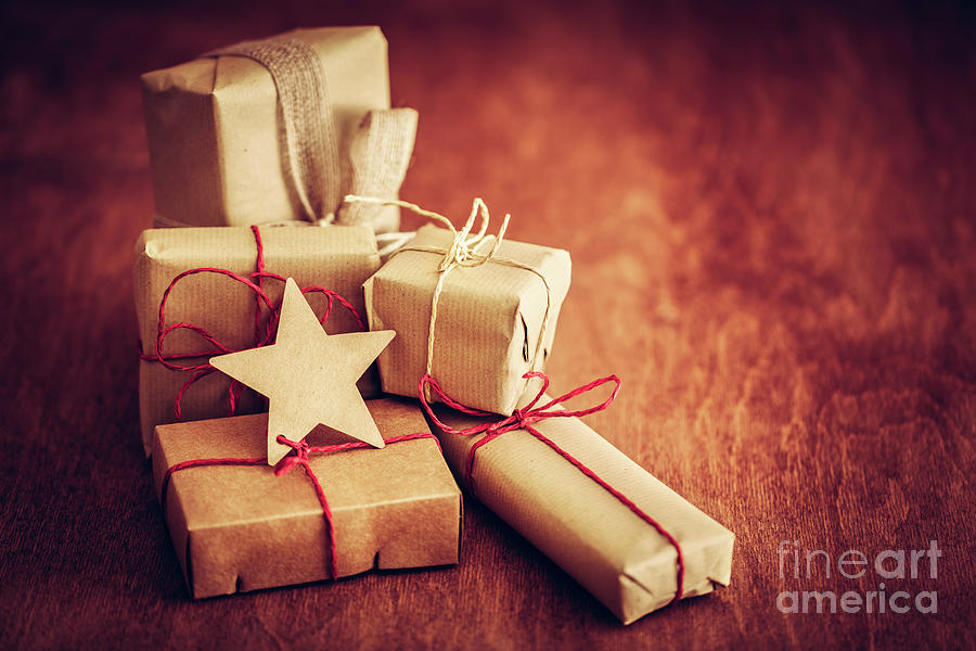 Christmas Photograph - Rustic retro gift, present boxes with tag. Christmas time, eco paper wrap. #5 by Michal Bednarek