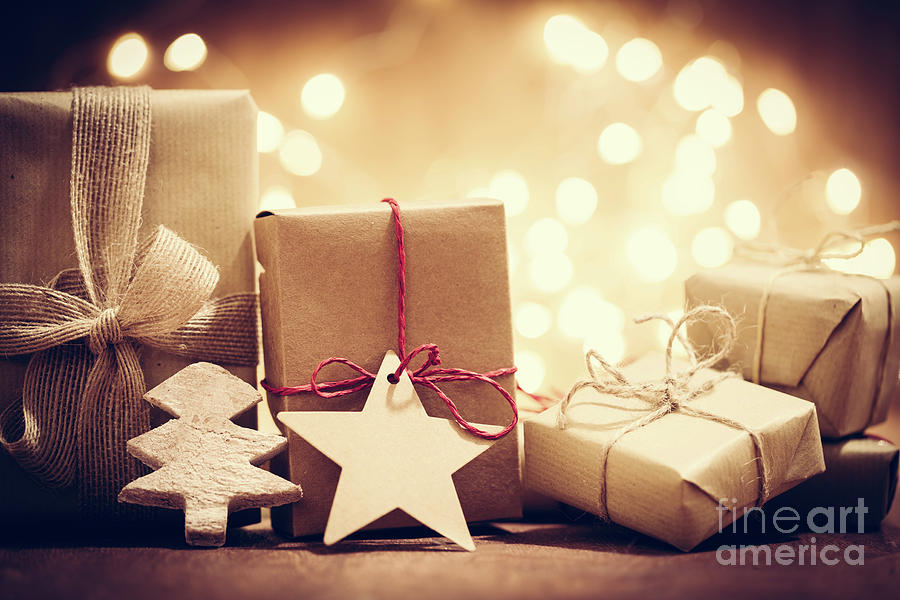 Christmas Photograph - Rustic retro gifts, present boxes on glitter background. Christmas time #5 by Michal Bednarek