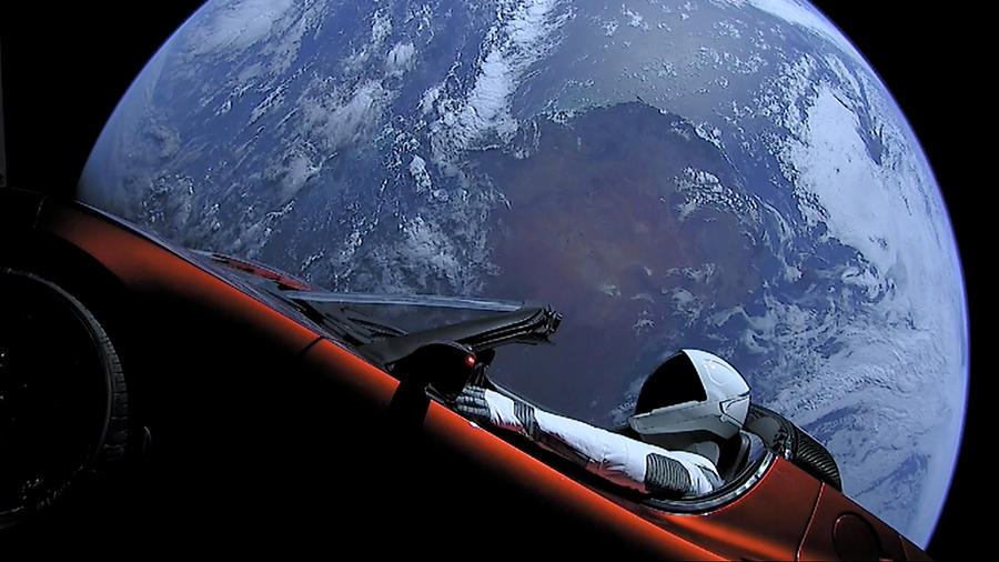 Starman In Tesla Roadster With Planet Earth traveling in the Space #5 Painting by Celestial Images
