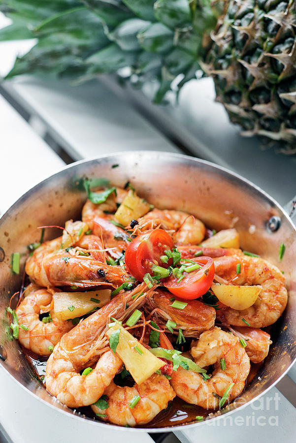 Stir Fry Prawns In Spicy Asian Pineapple And Herbs Sauce Photograph