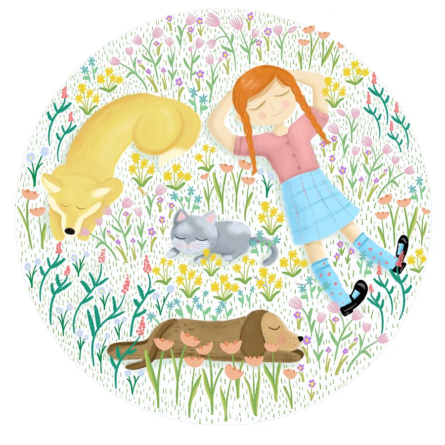 Flower Painting -  Summer Afternoon With Dogs, Cats And Clouds by Little Bunny Sunshine