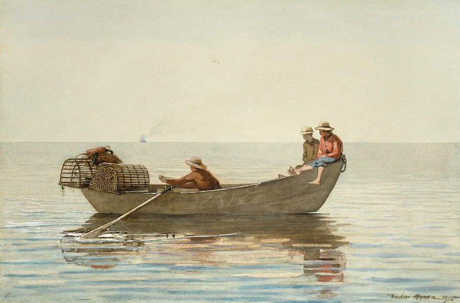 Three Boys in a Dory with Lobster Pots Painting by Winslow Homer