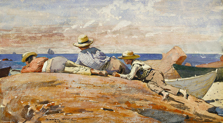 Three Boys on the Shore Drawing by Winslow Homer