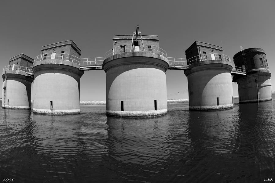 5 Towers At Dreher Shoals Dam On Lake Murray SC Black And White Photograph by Lisa Wooten