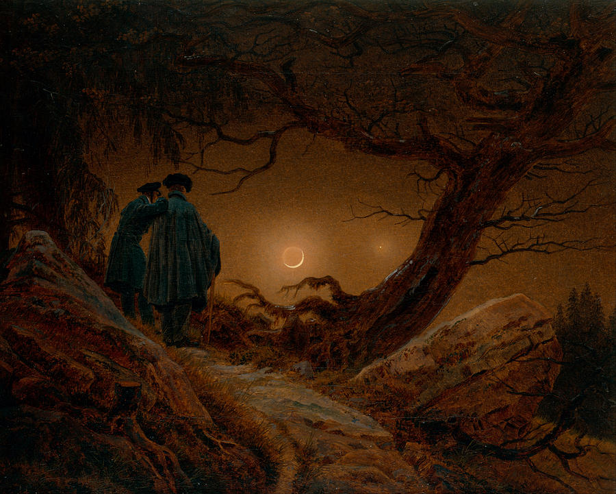 Two Men Contemplating The Moon Painting by Caspar David Friedrich