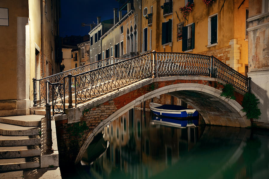 Venice canal night bridge #5 Photograph by Songquan Deng