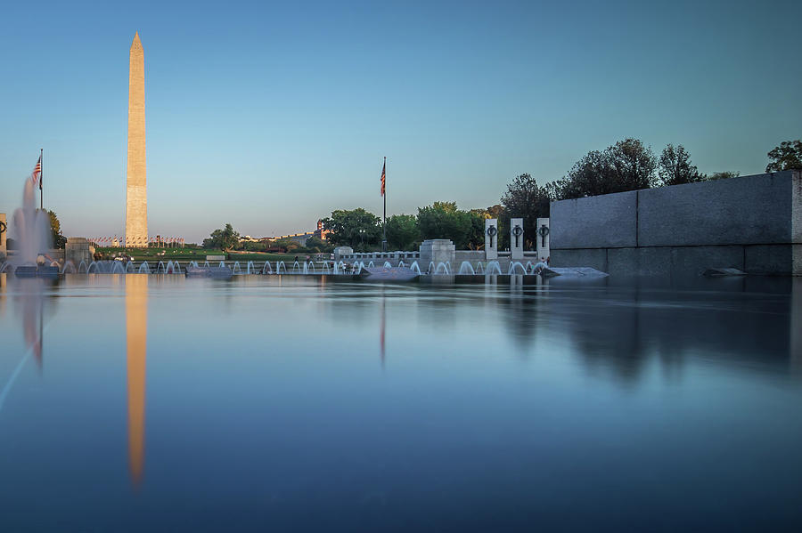 Washington Memorial Tower Reflecting In Reflective Pool At Sunse #5 Photograph by Alex Grichenko