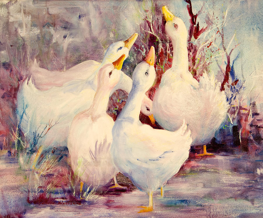 5 White Geese Painting by Connie Williams