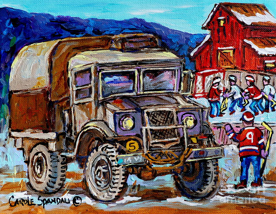 50s Dodge Truck Red Wood Barn Outdoor Hockey Rink  Art Canadian Winter Landscape Painting C Spandau Painting by Carole Spandau