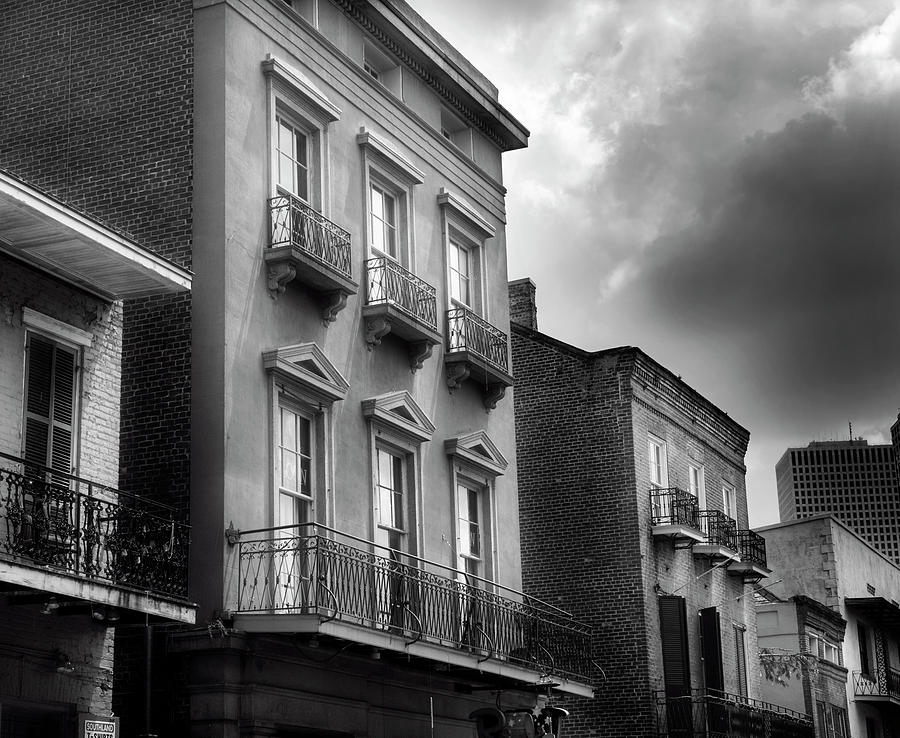 522 Bourbon Street In Black And White Photograph by Greg and Chrystal Mimbs