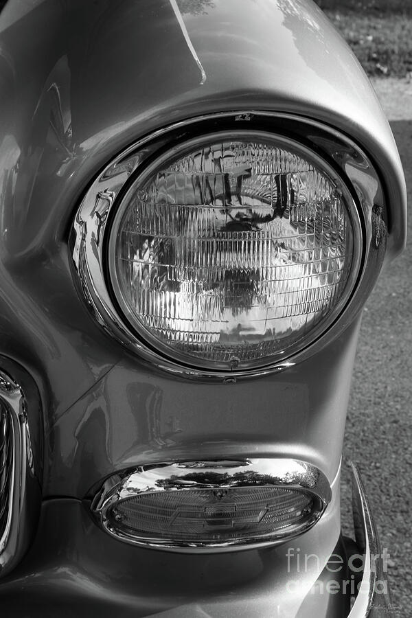 55 Chevy Headlight Grayscale Photograph by Jennifer White
