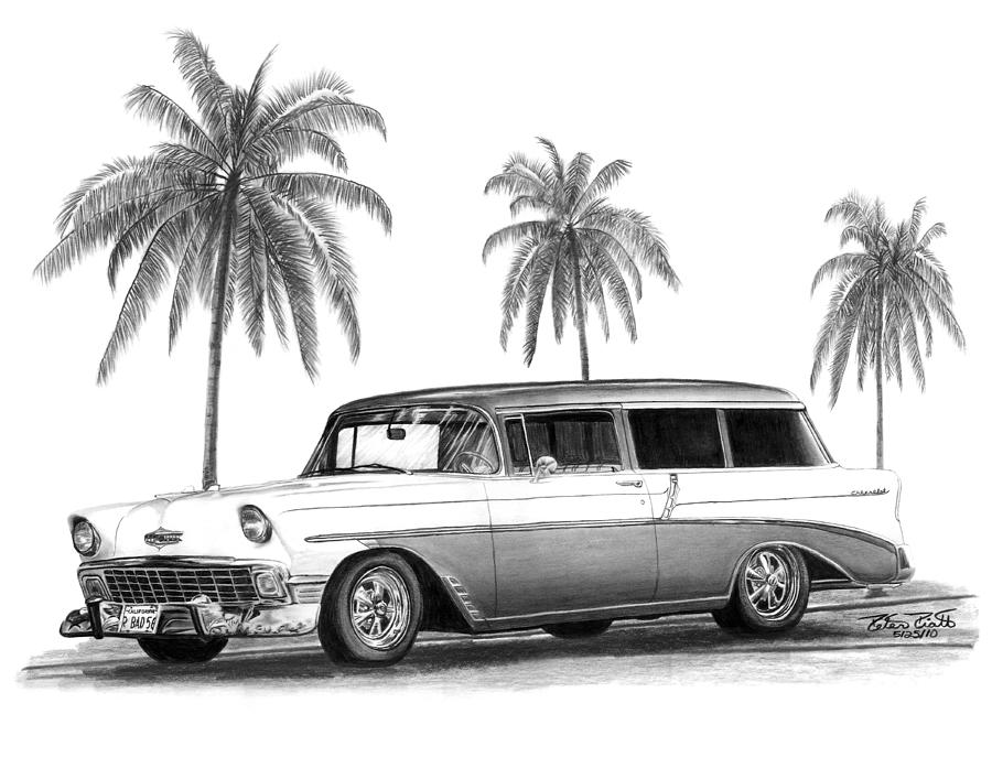 Transportation Drawing - 56 Chevy Wagon by Peter Piatt