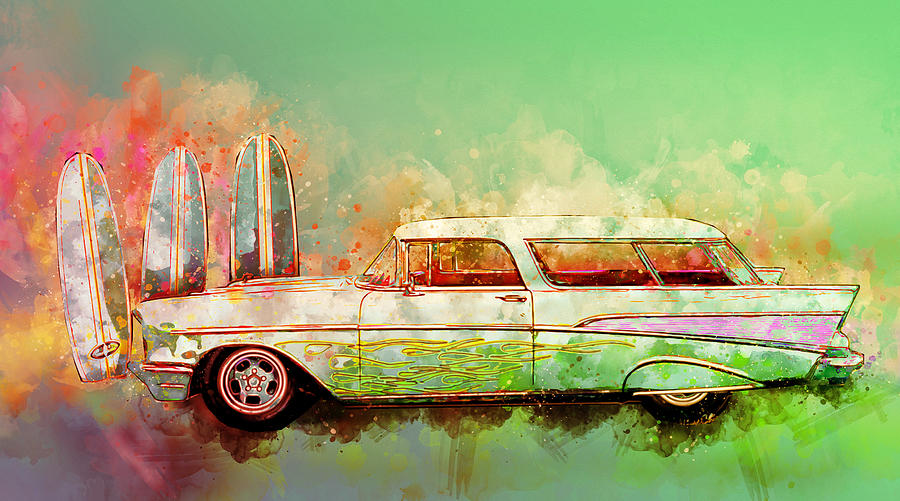 57 Chevy Nomad Wagon Blowing Beach Sand Digital Art by Chas Sinklier