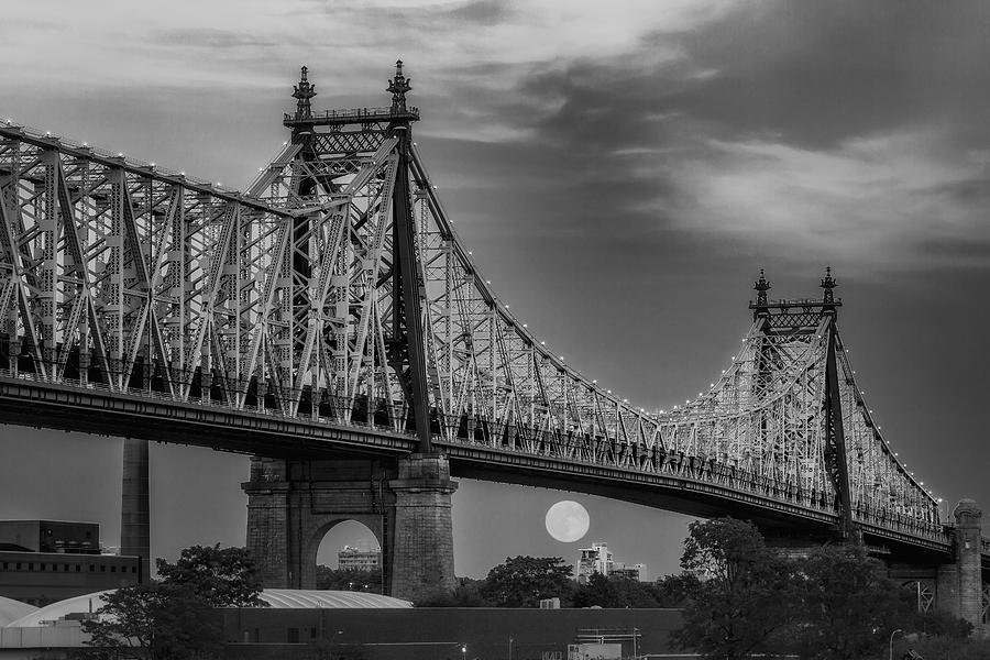 New York City Photograph - 59 Street Queensboro Bridge Full Moon BW by Susan Candelario