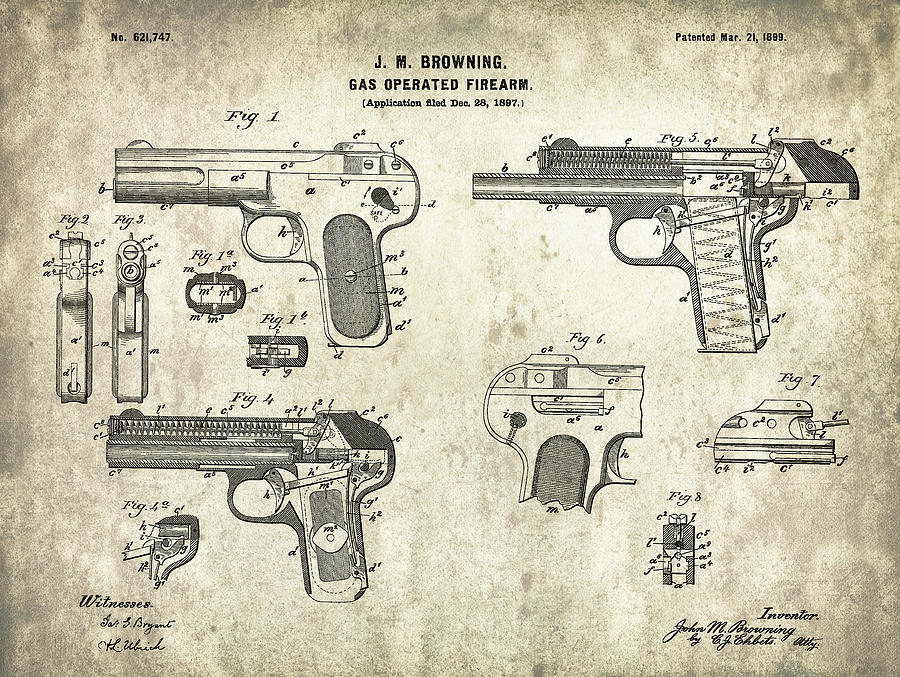 Automatic pistol operated by gas - Patent Drawing for the 1899 Gas Operated Firearm by J. Browning #6 Digital Art by SP JE Art