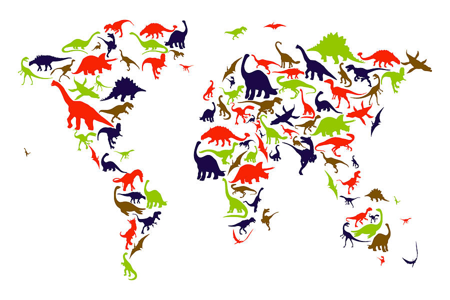 Dinosaur Digital Art - Dinosaur Map of the World Map #6 by Michael Tompsett