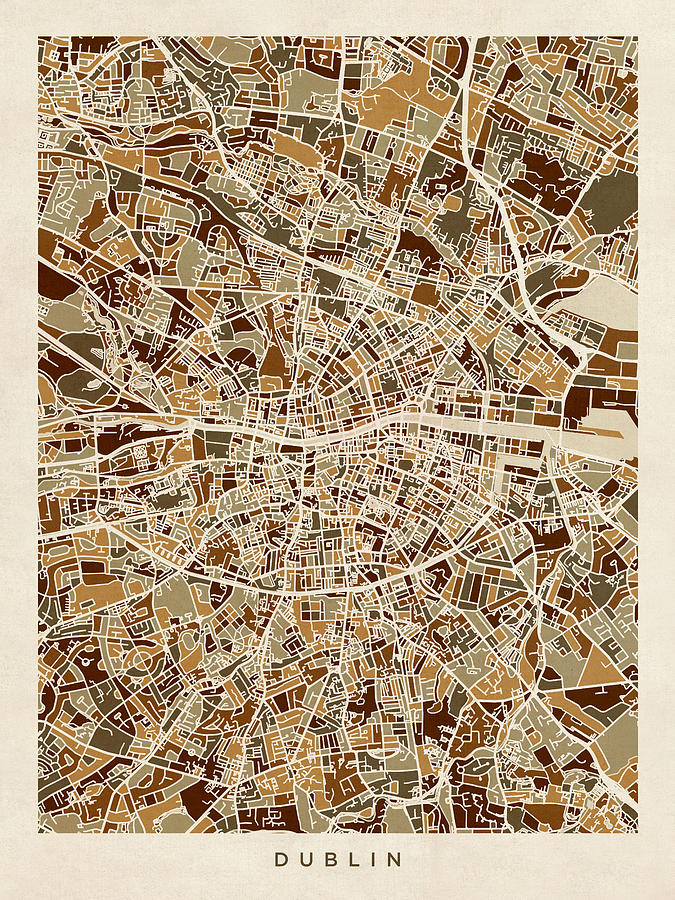 Abstract Digital Art - Dublin Ireland City Map #6 by Michael Tompsett