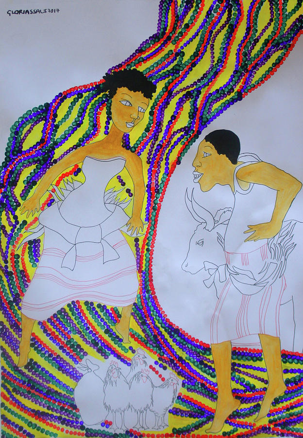 Kintu and Nambi a Ugandan Folktale #6 Painting by Gloria Ssali