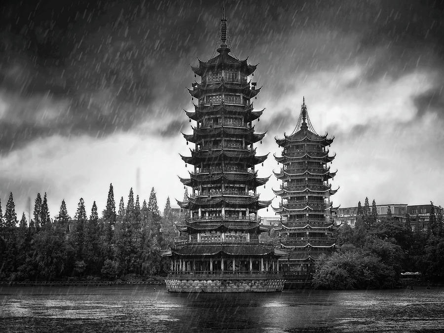 Lijiang River boat tour in the rain-ArtToPan-China Guilin scenery-Black and white photograph #6 Photograph by Artto Pan