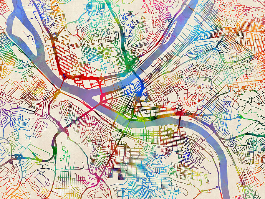 Pittsburgh Digital Art - Pittsburgh Pennsylvania Street Map #6 by Michael Tompsett