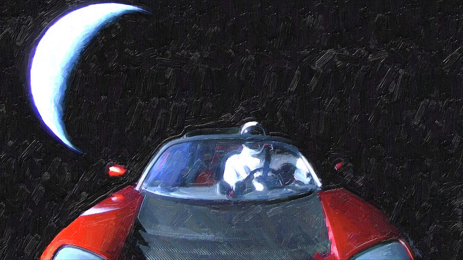 Starman In Tesla Roadster With Planet Earth traveling in the Space #6 Painting by Celestial Images
