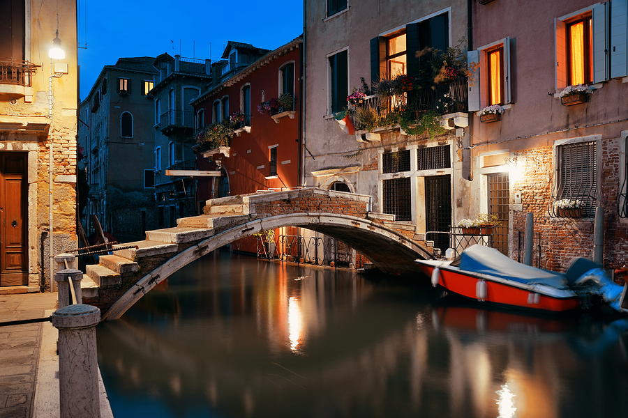 Venice canal night bridge #6 Photograph by Songquan Deng