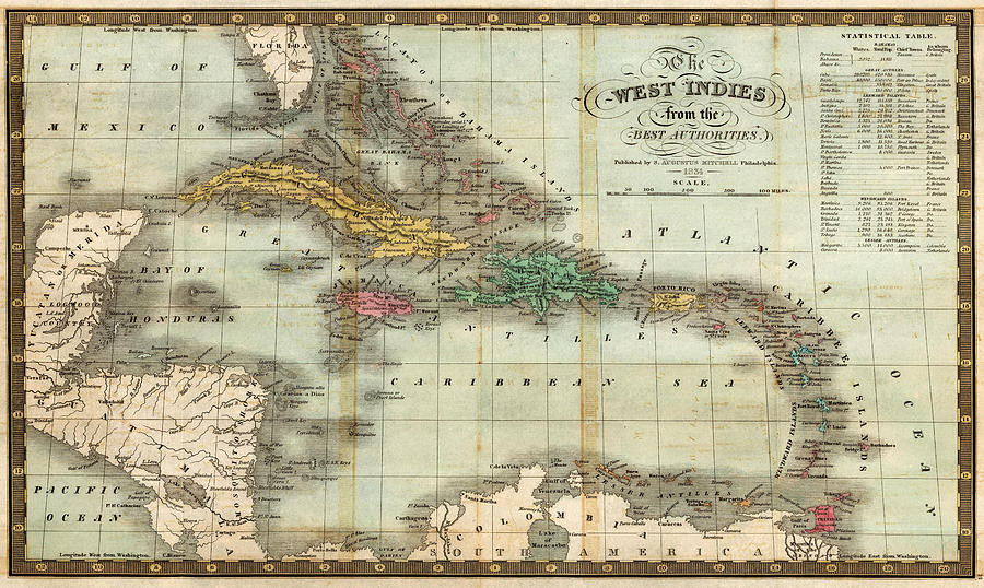 Vintage Map of The Caribbean Drawing by CartographyAssociates  Fine 