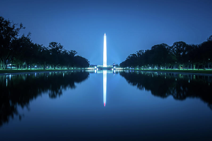 Washington Memorial Tower Reflecting In Reflective Pool At Sunse #6 Photograph by Alex Grichenko