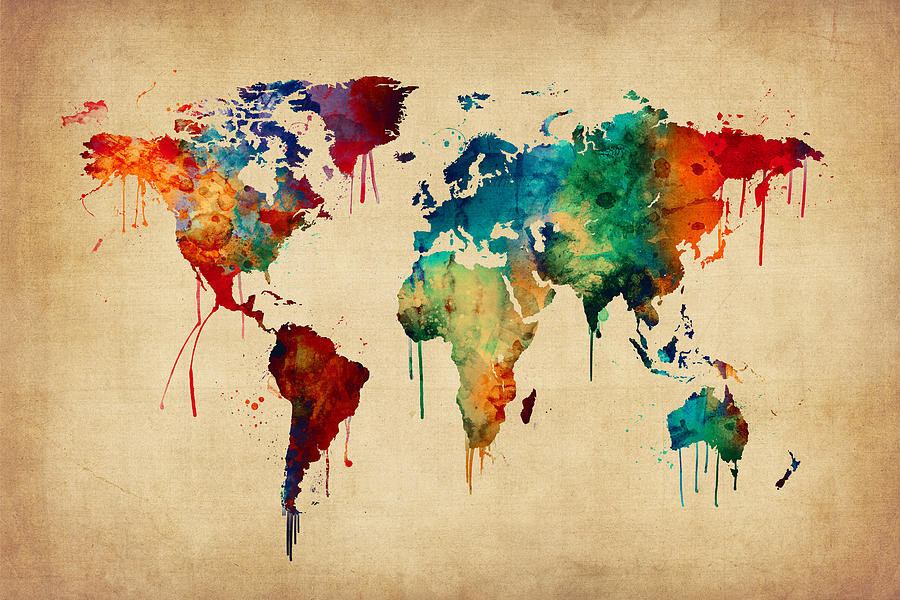 Watercolor Map of the World Map #6 Digital Art by Michael Tompsett
