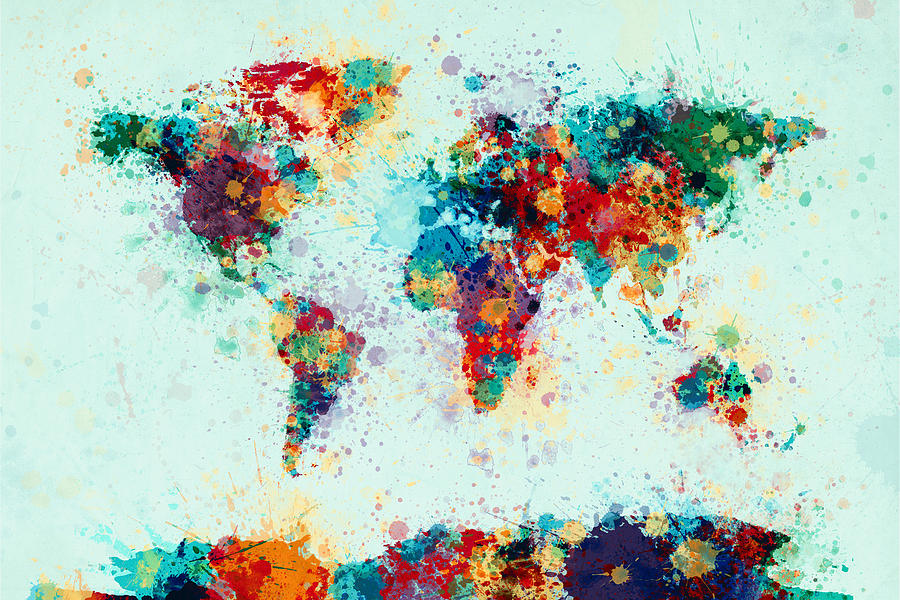 World Map Paint Splashes #6 Digital Art by Michael Tompsett