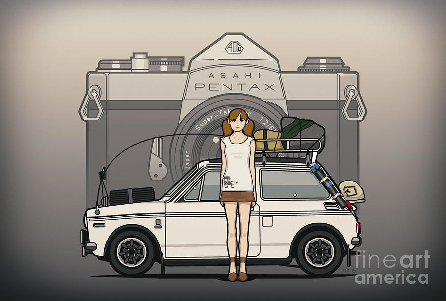 Car Digital Art - Honda N600 Rally Kei Car With Japanese 60s Asahi Pentax Commercial Girl by Tom Mayer II Monkey Crisis On Mars