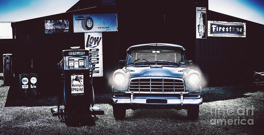 Vintage Photograph - 60s Australian FC Holden parked at old garage by Jorgo Photography