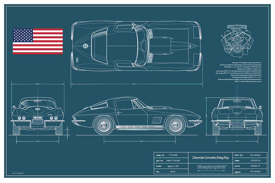 Corvette Sting Ray Digital Art - 67 Corvette 427 Coupe Blueplanprint by Douglas Switzer