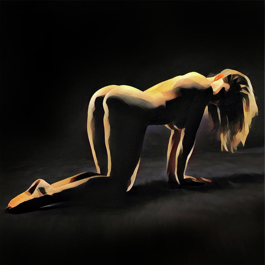 6835s-AMG Watercolor of Nude Woman on hands and knees, hair hanging down. Digital Art by Chris Maher