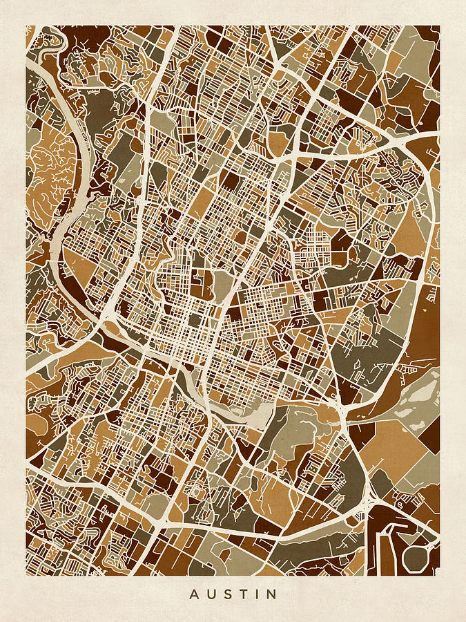 Austin Texas City Map #7 Digital Art by Michael Tompsett