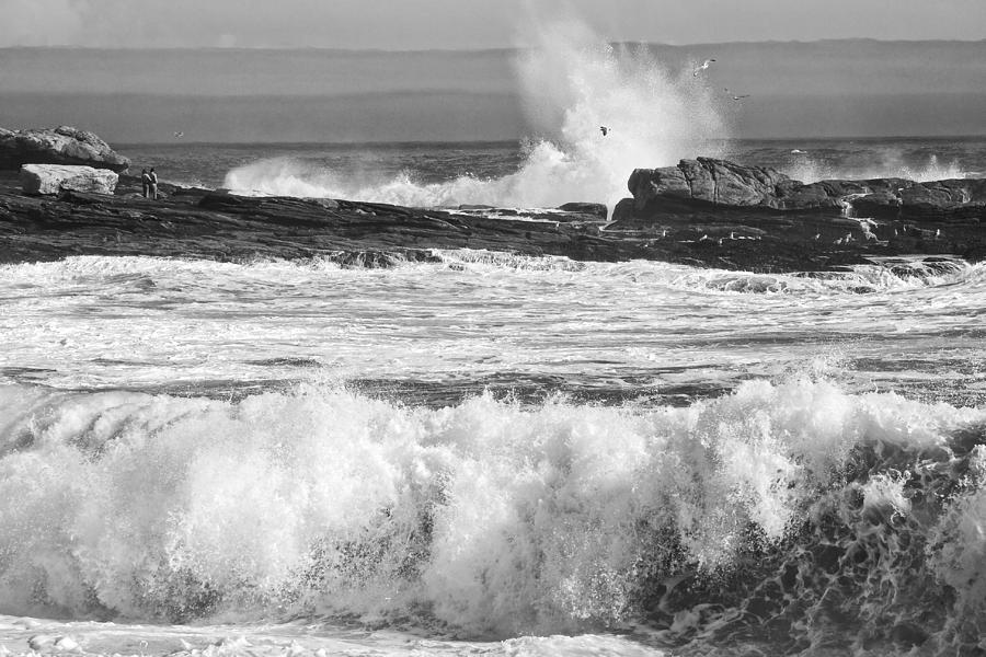 Black and White Large Waves Near Pemaquid Point On The Coast Of  #7 Photograph by Keith Webber Jr