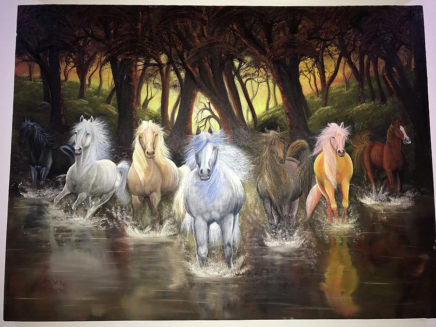 7 Horses Painting Hd