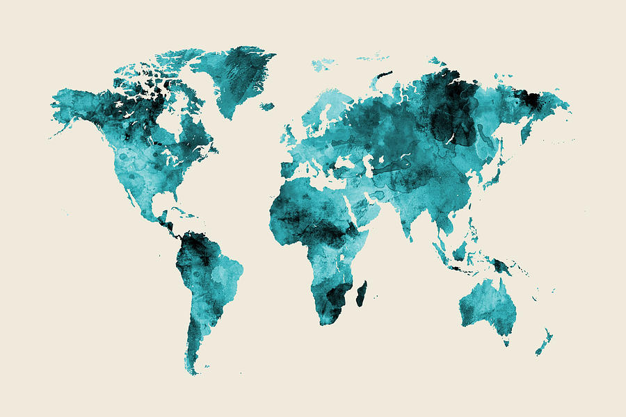 Map of the World Map Watercolor #7 Digital Art by Michael Tompsett