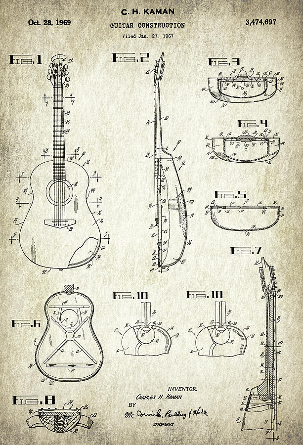 C H Patent Art Poster 1969 Kaman Ovation Guitar Construction 