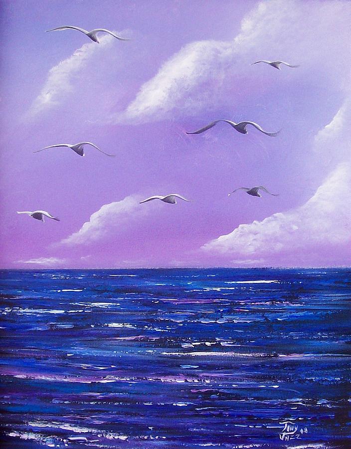 Seascape Painting - 7 Seabirds by Tony Rodriguez