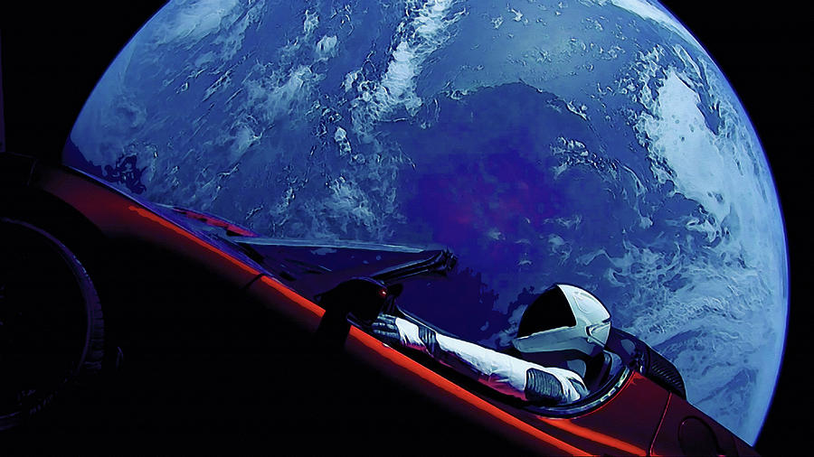 Starman In Tesla Roadster With Planet Earth traveling in the Space #7 Painting by Celestial Images